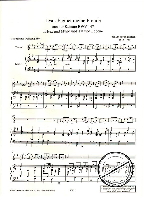Notenbild für ED 09879 - JESUS BLEIBET MEINE FREUDE (KANTATE BWV 147)