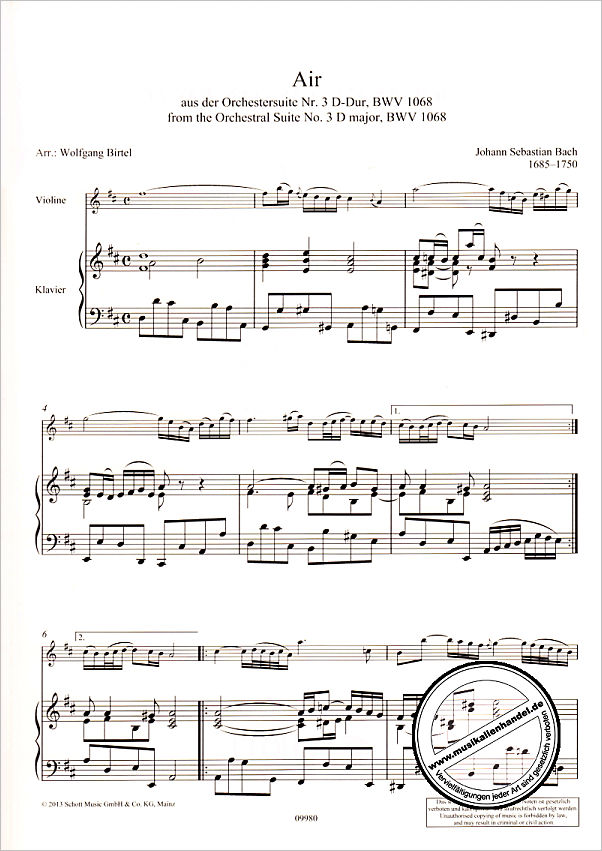 Notenbild für ED 09980 - AIR (ORCHESTERSUITE 3 D-DUR BWV 1068)