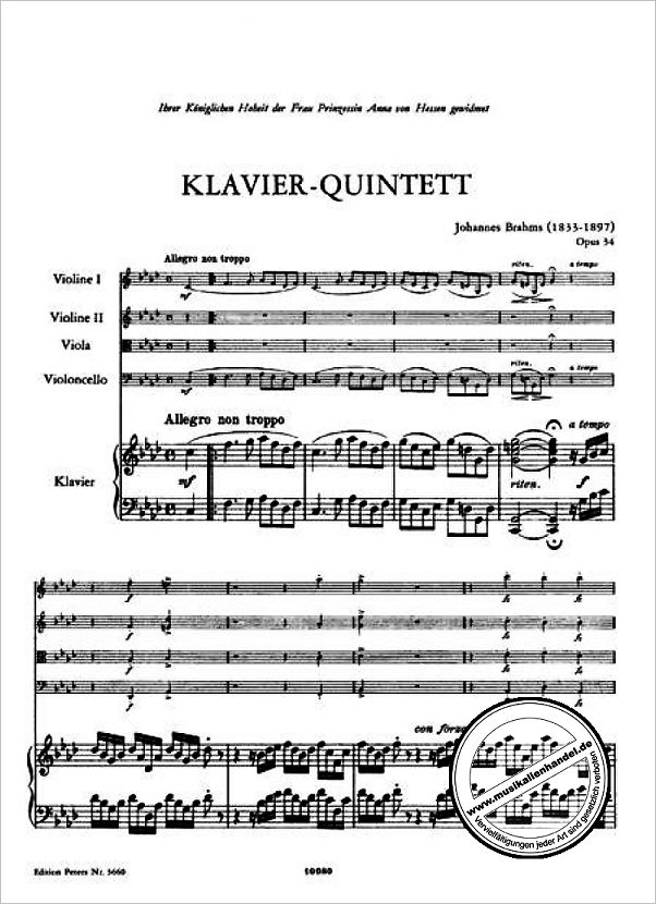 Notenbild für EP 3660 - Quintett für Klavier, 2 Violinen, Viola und Violoncello f-moll op. 34