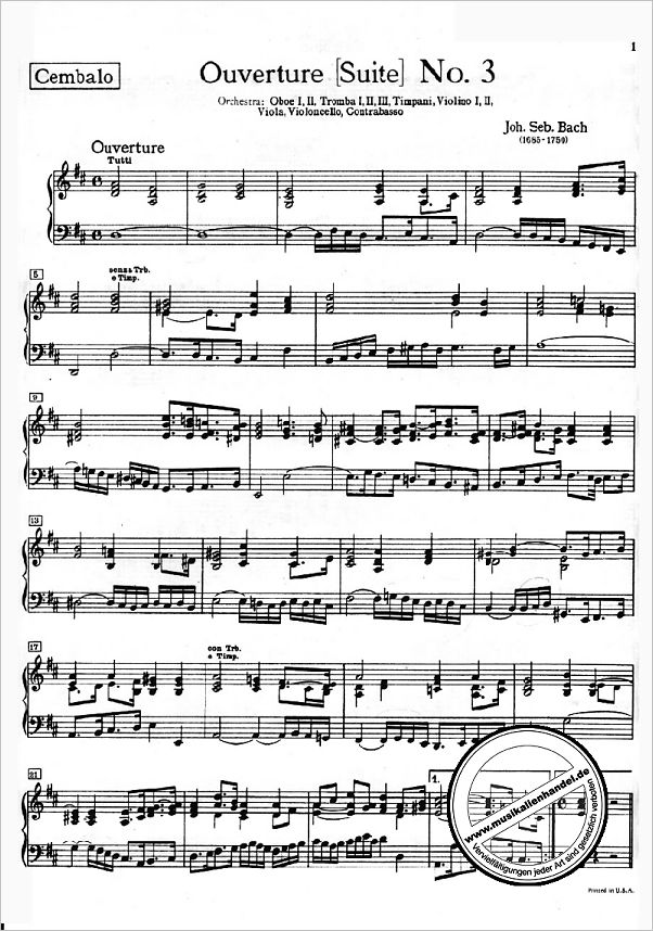 Notenbild für EP 4418-CEMB - OUVERTUERE (ORCHESTERSUITE) 3 D-DUR BWV 1068