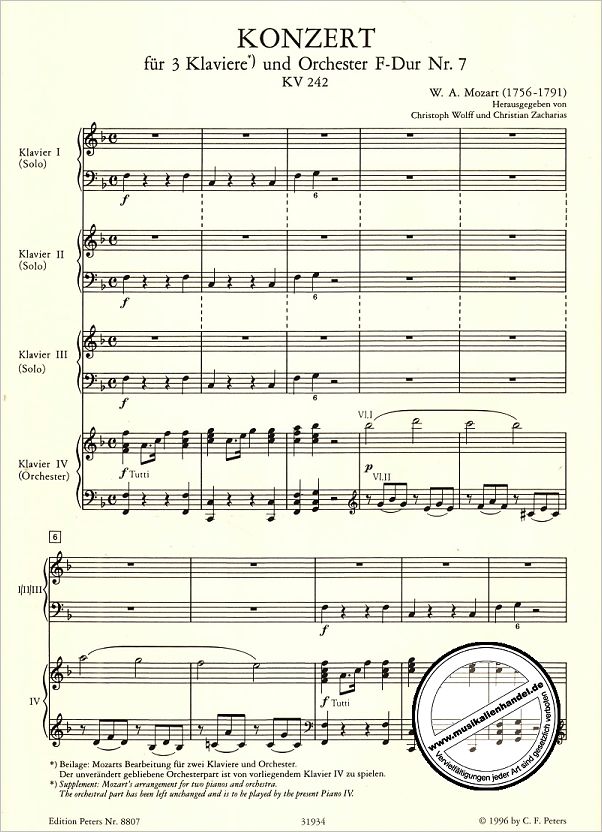 Notenbild für EP 8807 - Konzert F-Dur KV242 für 3 Klaviere und Orchester - für 4 Klaviere
