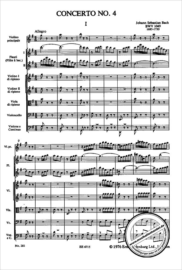 Notenbild für ETP 281 - BRANDENBURGISCHES KONZERT 4 G-DUR BWV 1049
