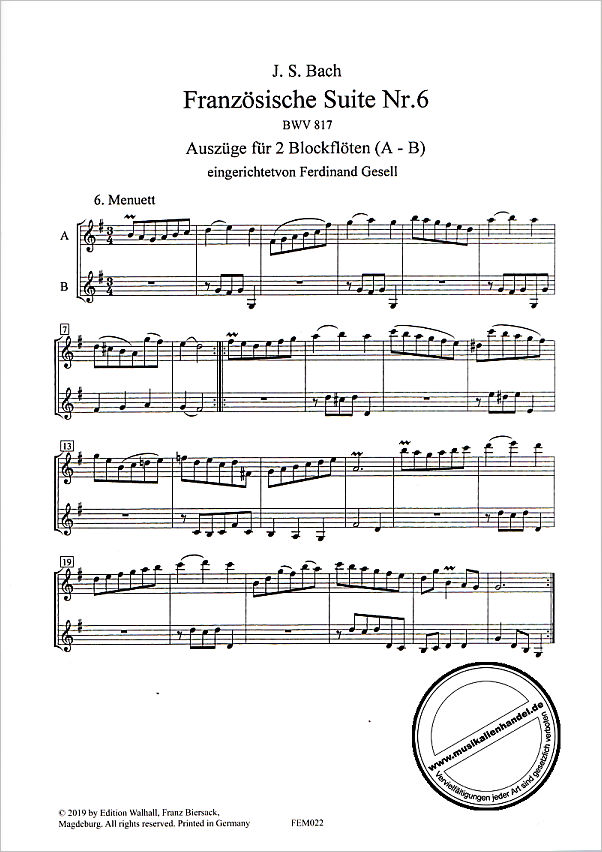 Notenbild für FE -M022 - Französische Suite 6 BWV 817