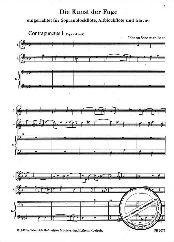 Notenbild für FH 2075 - KUNST DER FUGE BWV 1080 - CONTRAPUNCTUS 1-4