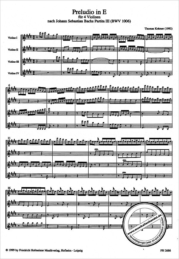 Notenbild für FH 2686 - PRELUDIO IN E-DUR NACH PARTITA 3 BWV 1006