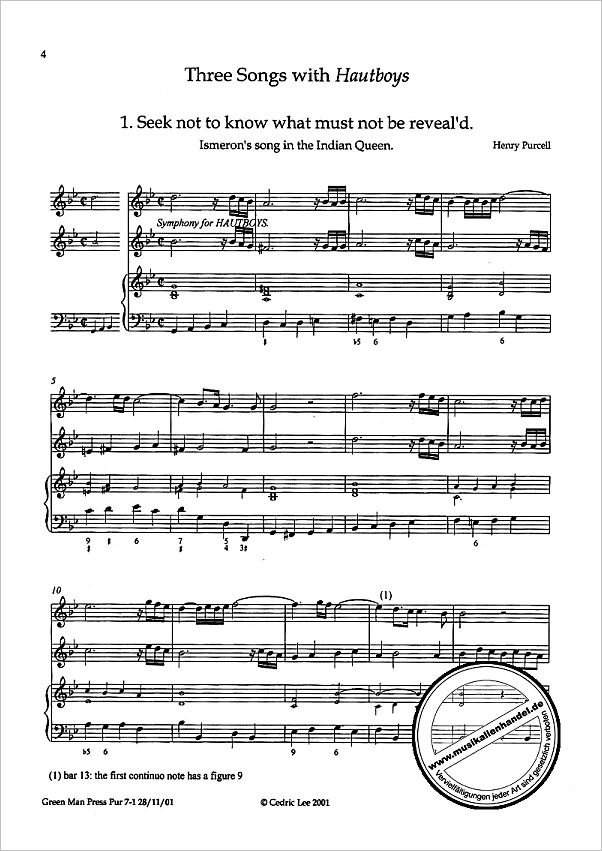 Notenbild für GREEN -PUR-7 - 3 SONGS WITH HAUTBOYS (ORPHEUS BRITANNICUS)