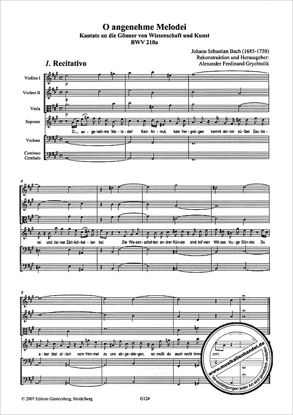 Notenbild für GUENTER -G124 - O ANGENEHME MELODEI BWV 210A