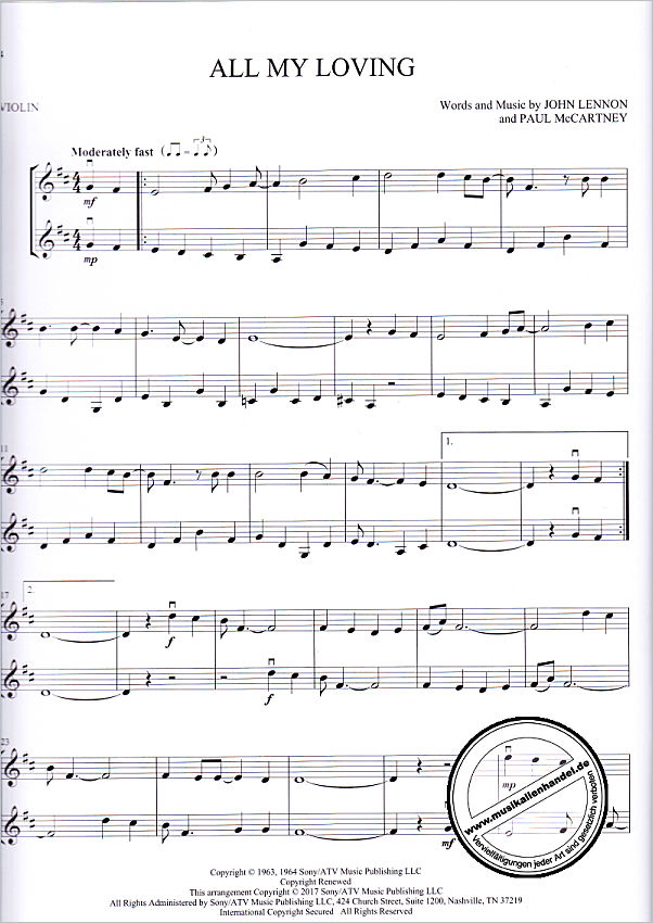 Notenbild für HL 218245 - Beatles for Violin Duet