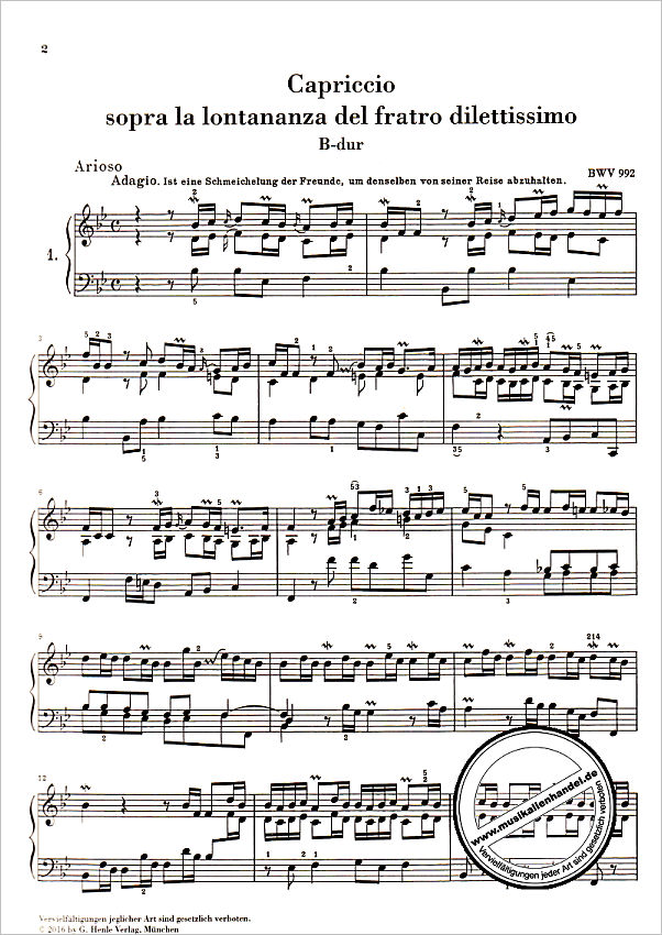 Notenbild für HN 1305 - CAPRICCIO SOPRA LA LONTANANZA DEL FRATELLO DILETTISSIMO BWV 992