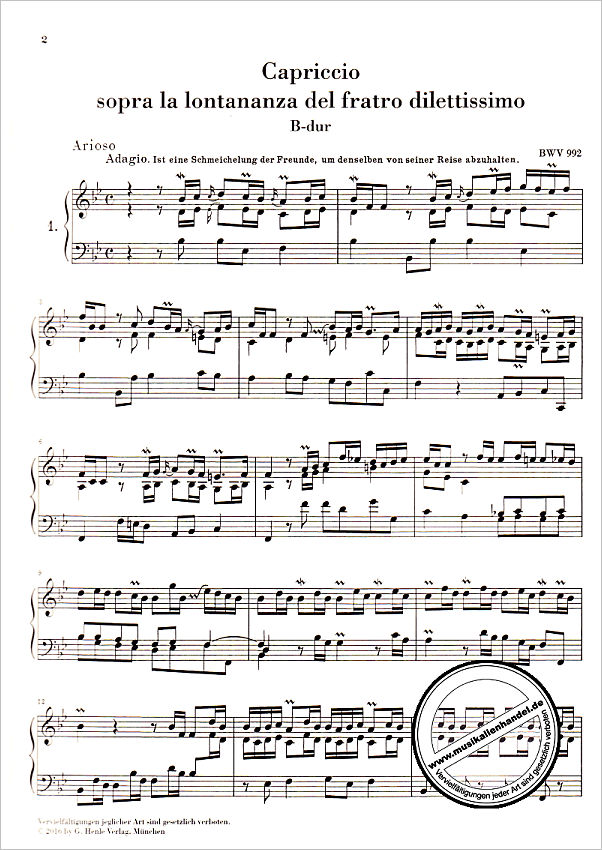 Notenbild für HN 1375 - CAPRICCIO SOPRA LA LONTANANZA DEL FRATELLO DILETTISSIMO BWV 992