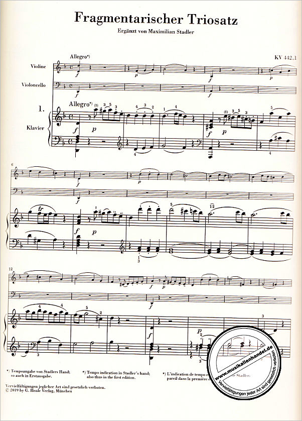 Notenbild für HN 1379 - 3 Sätze für Klaviertrio Fragment KV 442