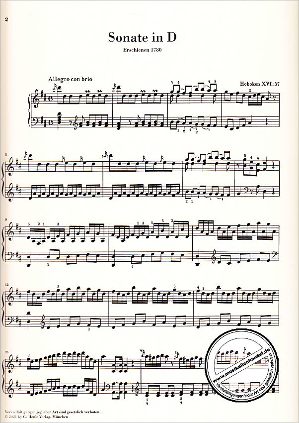 Notenbild für HN 1533 - Sonate D-Dur Hob 16:37