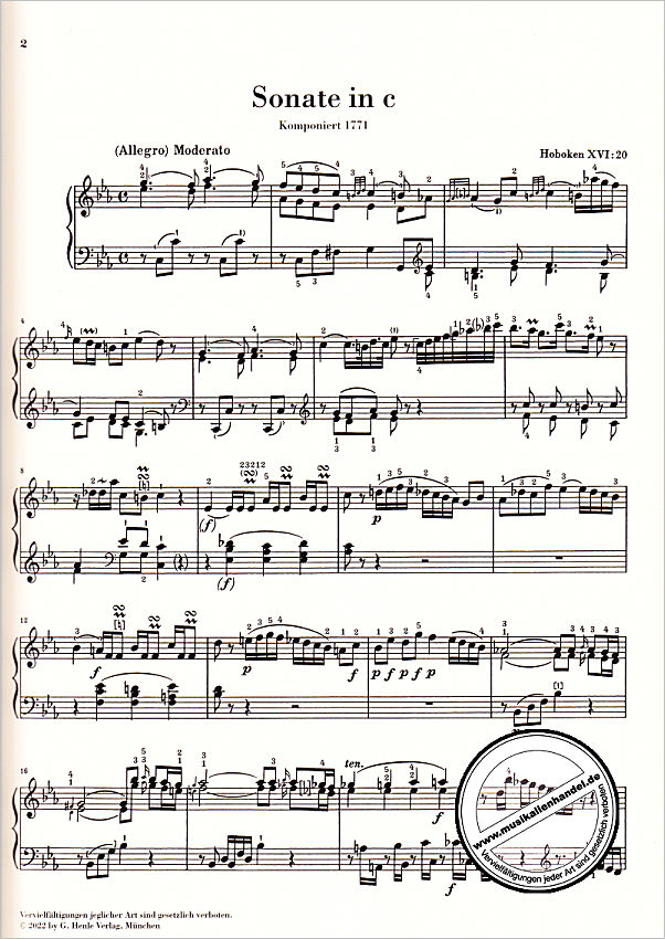 Notenbild für HN 1575 - Sonate c-moll Hob 16/20