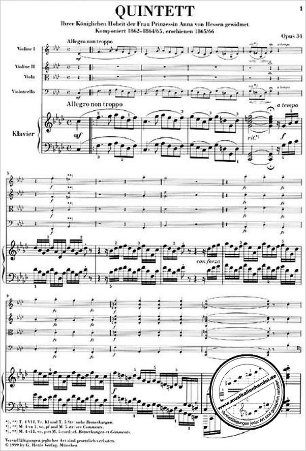 Notenbild für HN 251 - Quintett für 2 Violinen, Viola, Violoncello und Klavier f-moll op. 34