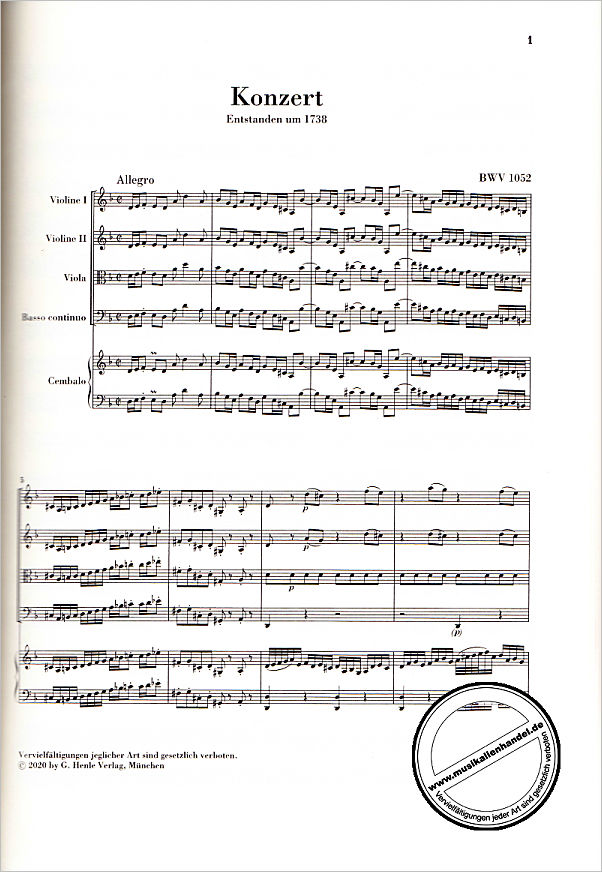 Notenbild für HN 7380 - Konzert 1 d-moll BWV 1052