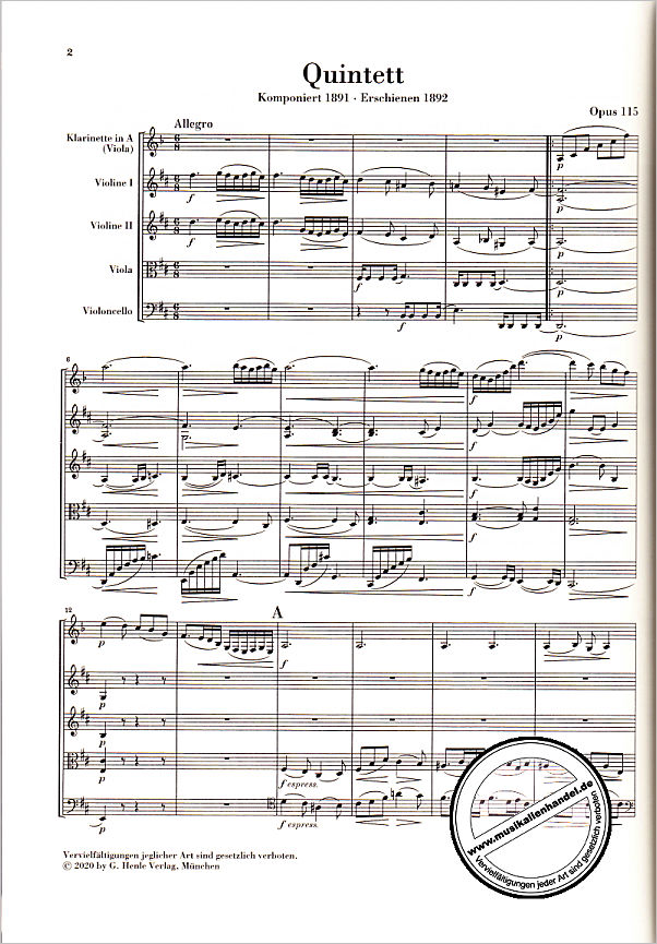 Notenbild für HN 9393 - Quintett h-moll op 115