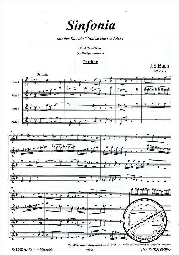 Notenbild für KOSSACK 95104 - SINFONIA AUS KANTATE BWV 219 NON SA CHE SIA DOLORE