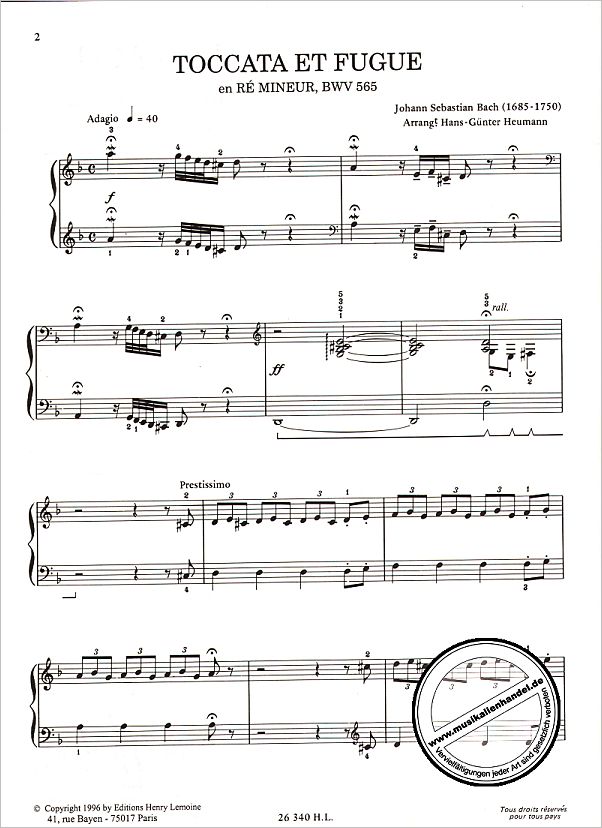 Notenbild für LEMOINE 26340 - TOCCATA + FUGE D-MOLL BWV 565