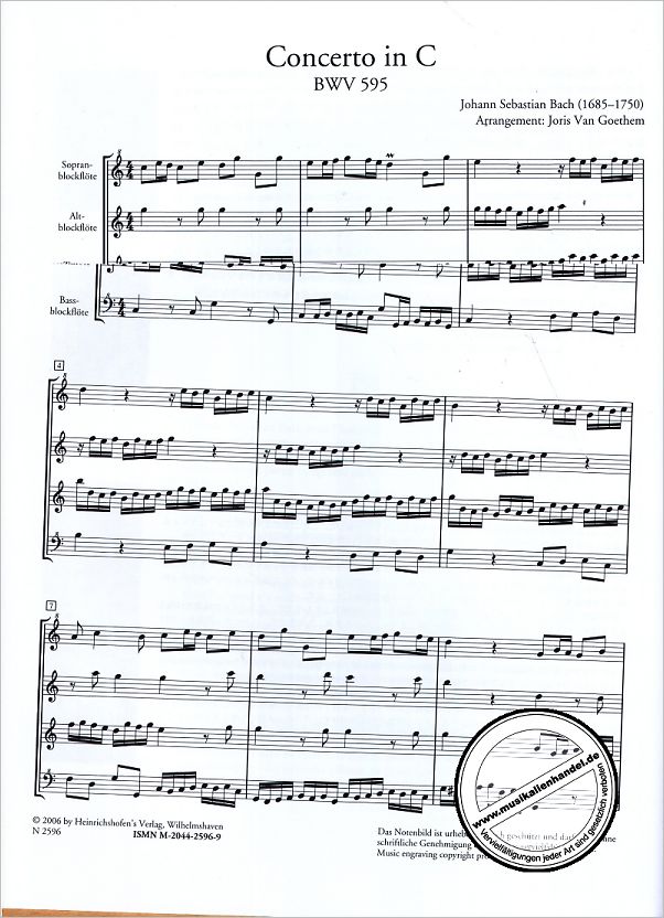 Notenbild für N 2596 - CONCERTO C-DUR BWV 595 + FUGA C-DUR BWV 545
