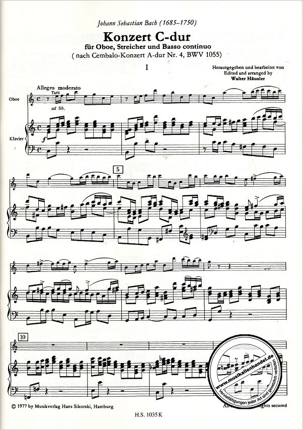 Notenbild für SIK 1035-K - KONZERT C-DUR BWV 1055 - OB STR
