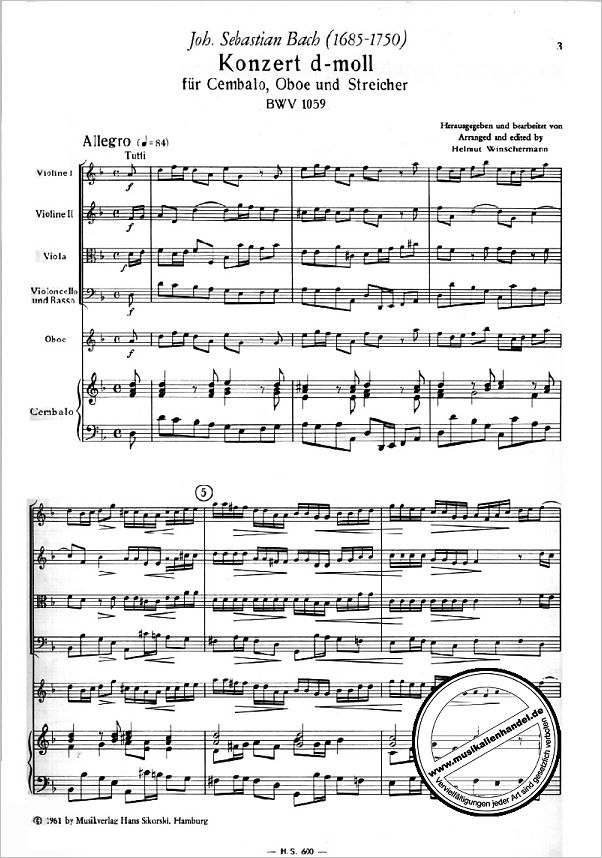 Notenbild für SIK 600-P - KONZERT D-MOLL BWV 1059
