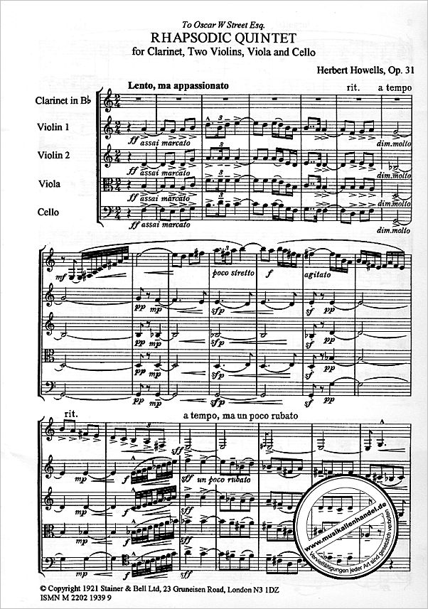 Notenbild für STAINER -H411 - RHAPSODIC QUINTET OP 31