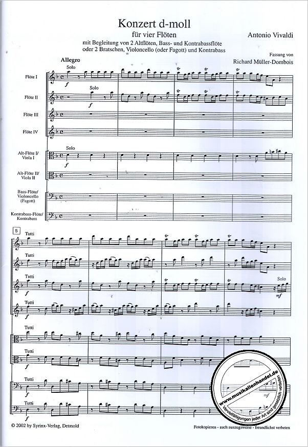 Notenbild für SYRINX 100 - CONCERTO D-MOLL (NACH CONCERTO GROSSO H-MOLL OP 3/10 BWV 1065)