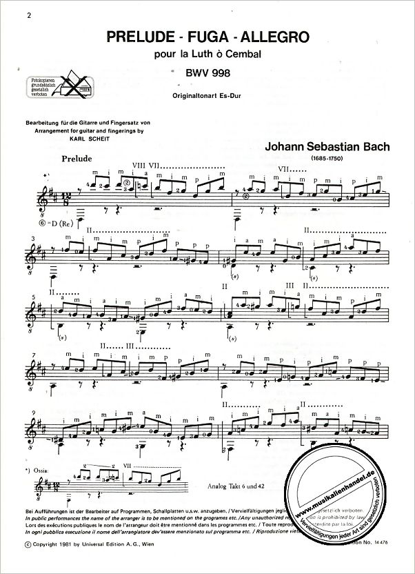 Notenbild für UE 14476 - PRELUDE FUGA ALLEGRO BWV 998