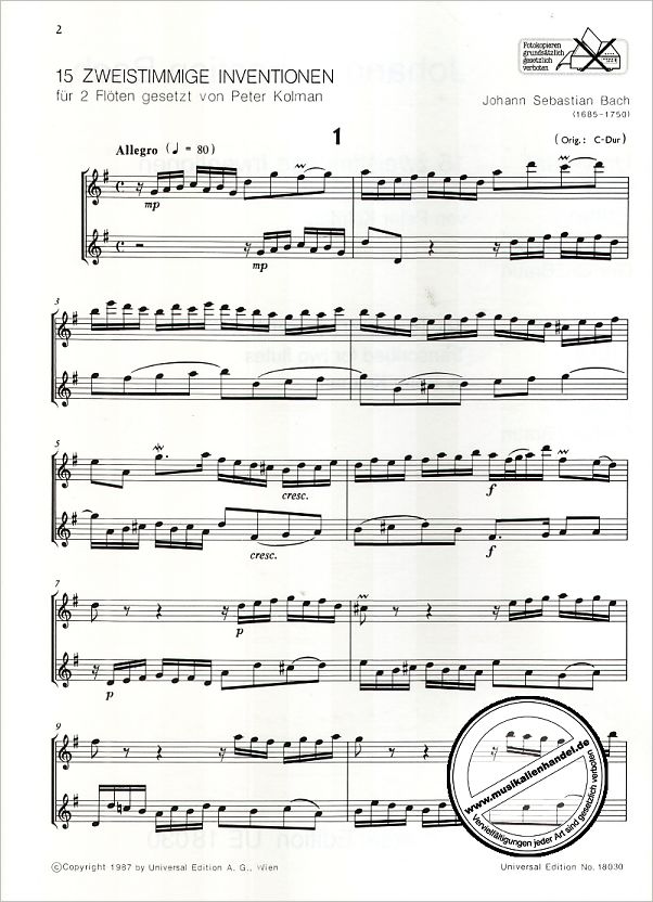 Notenbild für UE 18030 - 15 ZWEISTIMMIGE INVENTIONEN BWV 772-786