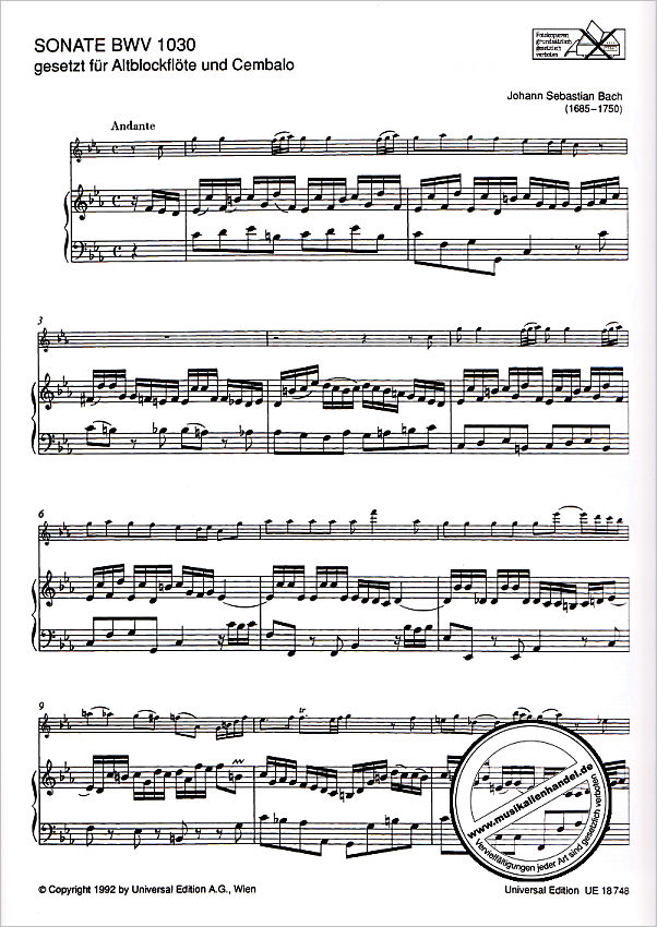 Notenbild für UE 18748 - SONATE H-MOLL BWV 1030