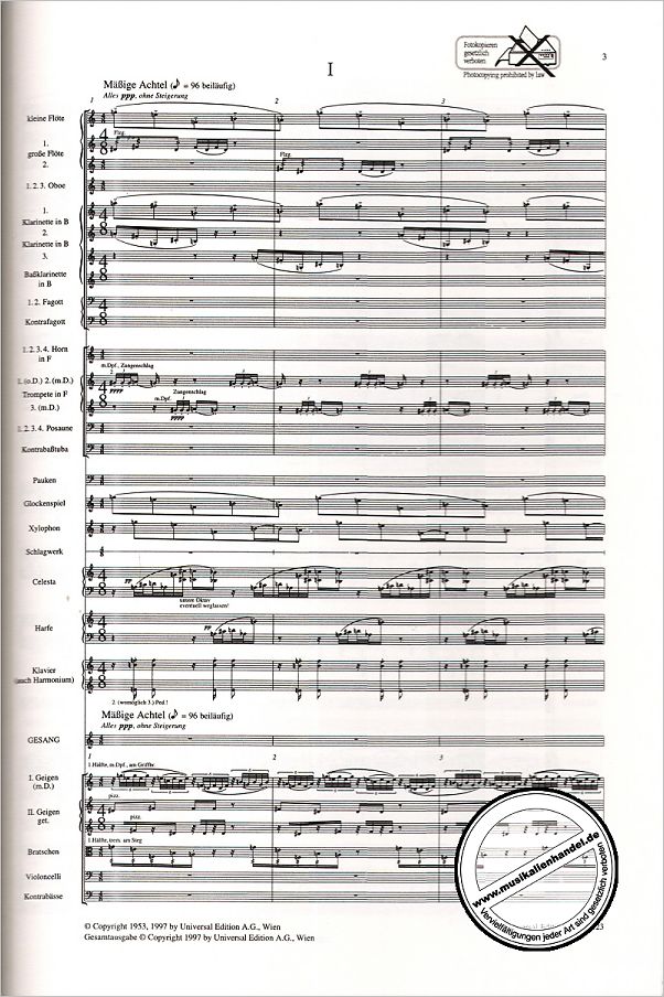 Notenbild für UE 34123 - 5 Orchester-Lieder für mittlere Stimme und Orchester op. 4 (1912)