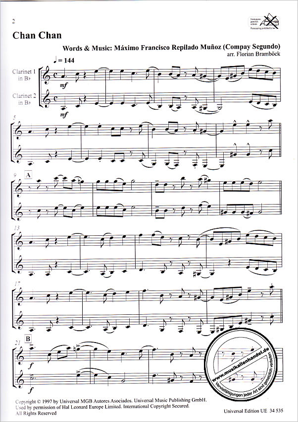 Notenbild für UE 34535 - Afro Latin Clarinet duets