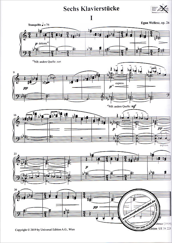 Notenbild für UE 38225 - 6 Klavierstücke op 26