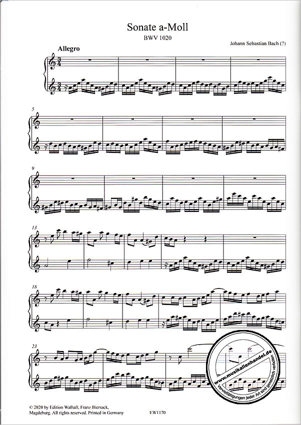 Notenbild für WALHALL 1170 - Sonate a-moll BWV 1020