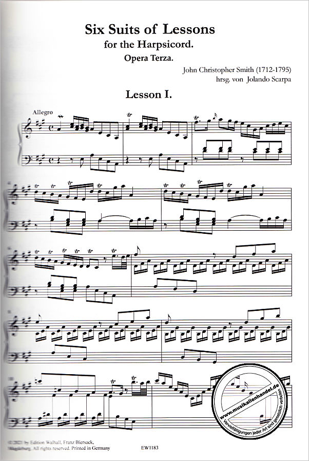 Notenbild für WALHALL 1183 - 6 Suites of lessons for the harpsicord op 3