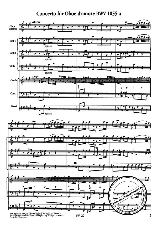 Notenbild für WALHALL 27 - CONCERTO A-DUR BWV 1055A