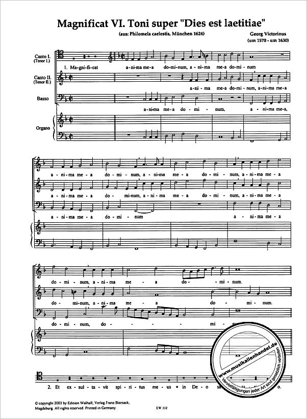 Notenbild für WALHALL 332 - MAGNIFICAT 6 TONI SUPER DIES EST LAETITIAE