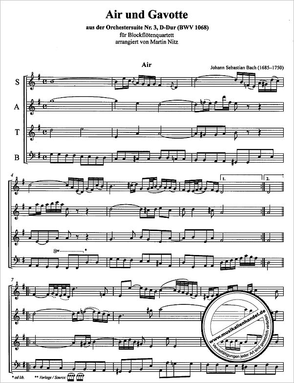 Notenbild für ZFS 762-763 - AIR + GAVOTTE (ORCHESTERSUITE 3 D-DUR BWV 1068)