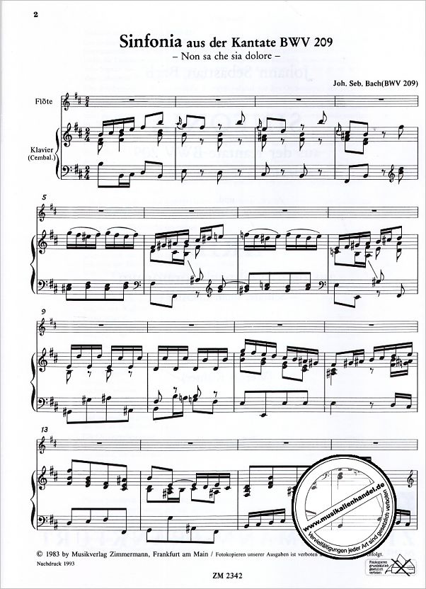 Notenbild für ZM 23420 - SINFONIA (KANTATE BWV 209 NON SA CHE SIA DOLORE)