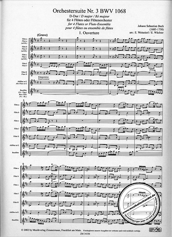 Notenbild für ZM 34330 - OUVERTUERE (ORCHESTERSUITE) 3 D-DUR BWV 1068