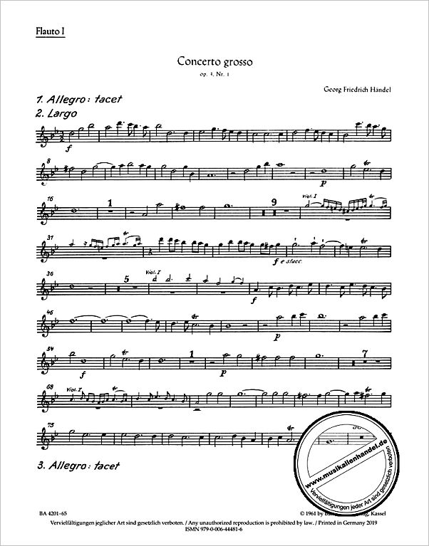 Titelbild für BA 4201-65 - Concerto grosso B-Dur op 3/1 HWV 312