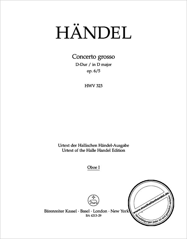 Titelbild für BA 4213-29 - Concerto grosso D-Dur op 6/5 HWV 323