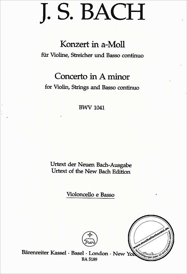 Titelbild für BA 5189-VC - KONZERT 1 A-MOLL BWV 1041 - VL