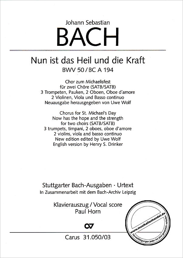 Titelbild für CARUS 31050-03 - KANTATE 50 NUN IST DAS HEIL UND DIE KRAFT BWV 50