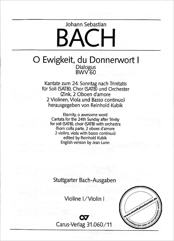 Titelbild für CARUS 31060-11 - KANTATE 60 O EWIGKEIT DU DONNERWORT BWV 60
