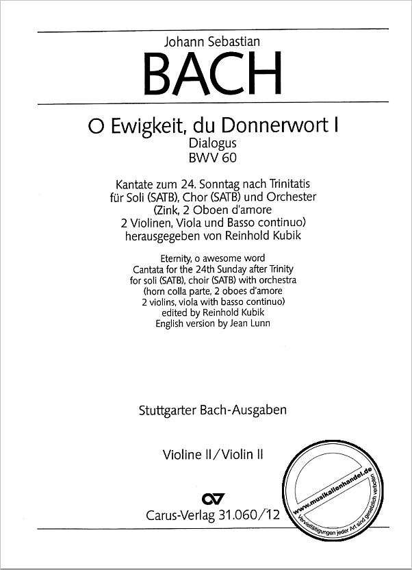 Titelbild für CARUS 31060-12 - KANTATE 60 O EWIGKEIT DU DONNERWORT BWV 60