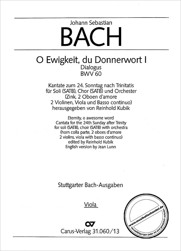 Titelbild für CARUS 31060-13 - KANTATE 60 O EWIGKEIT DU DONNERWORT BWV 60