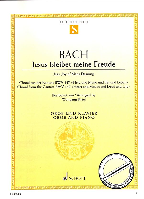 Titelbild für ED 09868 - JESUS BLEIBET MEINE FREUDE (KANTATE BWV 147)