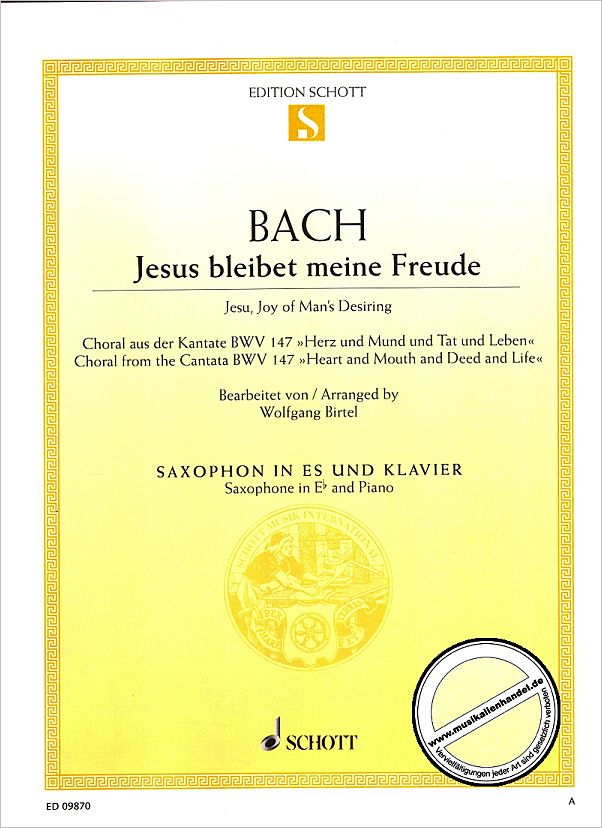 Titelbild für ED 09870 - JESUS BLEIBET MEINE FREUDE (KANTATE BWV 147)