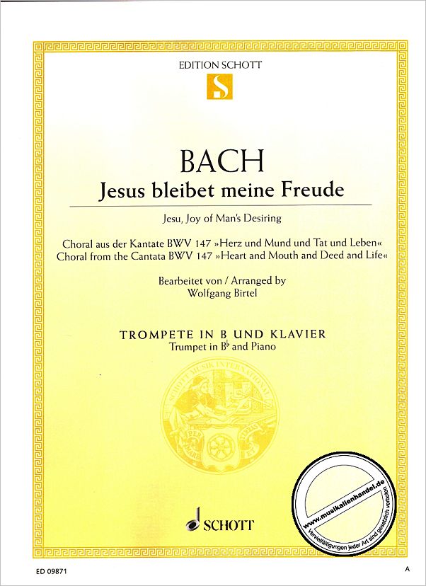 Titelbild für ED 09871 - JESUS BLEIBET MEINE FREUDE (KANTATE BWV 147)